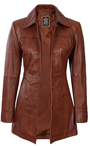 fjackets Veste en cuir véritable pour femme - Manteaux de voiture en cuir d'agneau pour femme - Trench élégant et doux pour femme, Kandis Manteau en cuir pour femme Cognac, Medium