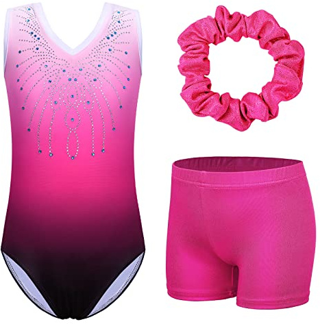 ZNYUNE Kinder Gymnastik Trikot Klassisch Gymnastikanzug 3er Set Anzug für Mädchen B180_PinkRose 14A