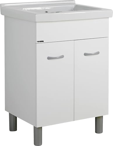 Mobile Lavatoio 60x50 in Ceramica Completo con Pilozza Profonda – Mobile Lavanderia Salvaspazio per Interno e Terrazza – con Sifone e Piletta Inclusi – Jo-Bagno (SX Foro Rubinetto)