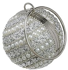 CORIOS Damen Strass Abendtasche Runde Kugel Clutch Tasche Diamant Schultertasche Abnehmbarer Kette Handtasche Perle Umhängetasche Klein Tasche für Hochzeit Abendparty Tanzparty Bankett Silber