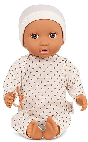 LullaBaby Babypuppe, 36 cm mit beigem gepunktetem Schlafanzug | Realistische 36 cm Babypuppe mit braunen Augen, weichem Körper, Mützchen und Schnuller, Realistische Details, 2+ Jahre