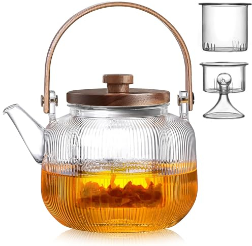 HEKOBAG 900ml Glass Teapot, Borosilicate Glass Kettle with 2 Type Removable Infuser & Bamboo Lid, Clear Teapot, Stovetop & Microwave Safe, Loose Leaf & Blooming Tea Maker Gift Set