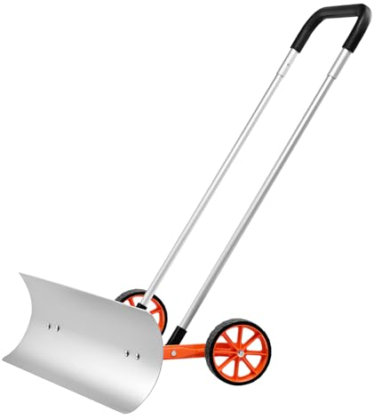 VEVOR Pala da neve con ruote 745 mm Pala per la rimozione della neve grande spinta per neve in metallo Spinnevamento robusto con manico in lega di alluminio a forma di U per la pulizia ingresso