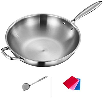OQHAIR Wok para inducción Wok de Acero Inoxidable 304 Sartén Antiadherente Wok sin Recubrimiento Estufas de Gas Cocina de inducción Olla Especial (Tamaño: 32 cm) (32 cm)