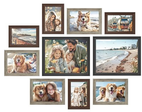 SONGMICS Cornici per Foto con 16 Passepartout, Set di 10 Portafoto, Due Cornici 8x10, Quattro 5x7, Quattro 4x6, da Parete o Tavolo, 12 Chiodi Senza Traccia, Marrone Mogano, Greige Melange, Nero Cenere