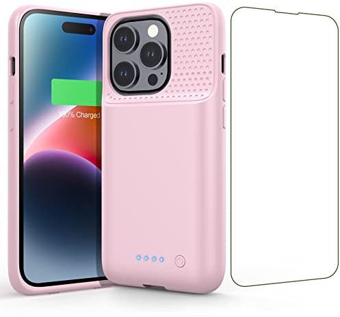 HETP Custodia a batteria per iPhone 14 Pro, [7200 mAh] ricaricabile, con pellicola protettiva, caricabatterie portatile, potente power bank per iPhone 14 Pro [6,1 pollici], rosa