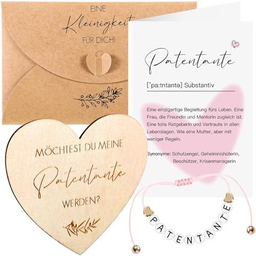 Neer Patentante Fragen Geschenk, Möchtest Du Meine Werden Geschenk für Frau | Patentante Armband mit Alphabet, Herzförmiges Holzschild, Definition Karte und Umschläge für Freundin Frau