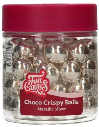 FunCakes Choco Crispy Balls, Metallic Silver, Edible Chocolate Decorations, Great for Decorating Cakes, Cupcakes, Cookies, and Pastries, 60 g