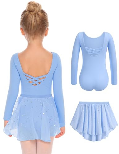 Arshiner Kinder Ballettkleidung Ballettkleid Langarm Ballettanzug Kinder Baumwolle Tanzkleid Rückenfrei Ballett Trikot mit Tütü Tanztrikot Kleinkind Ballerina Kleid Blau 130 3-4 Jahre