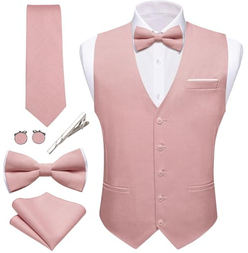 Barry.Wang Herren-Anzugweste, Leinen, formell/lässig, V-Ausschnitt, Krawatte, Fliege, Set, einfarbig, 6-teilig, Hochzeit, Party, Smoking, Pink, X-Large