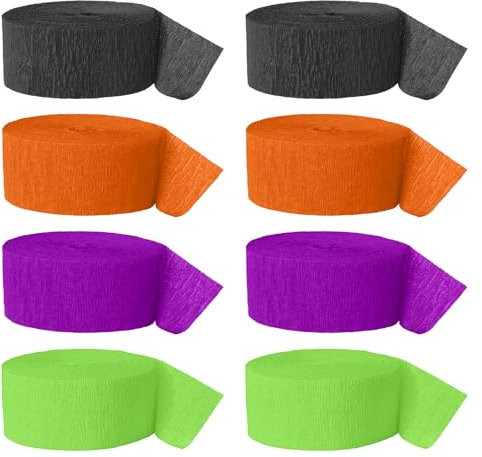 Halloween Crepe Paper Streamers krepppapier Buntpapier Bänder 8-Rollen Set 4.5cm×25m Orange, Schwarz, Lila & Grün Perfekt für Halloween Dekoration Halloween Party Supplies