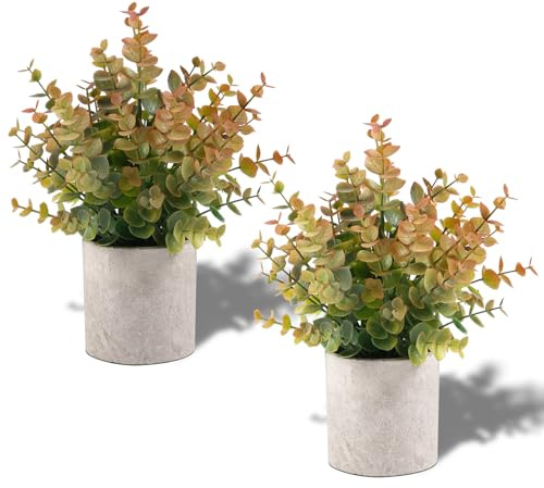 Coferset 2 Pack Small Fake Plants Eucalyptus Potted Artificial Plants for Shelf Desk Home Bathroom Farmhouse Room Coffee Table Decor Fall Decor (Yellow)