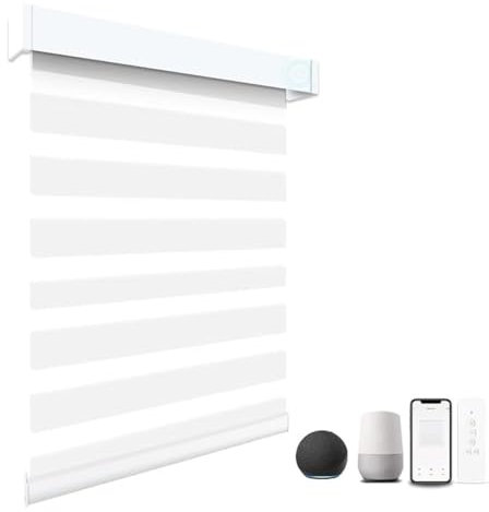 Motorized Blinds with Remote, 95% Blackout Smart Electric Zebra Shades, Built-in Rechargeable Tubular Motor Automatic Blinds for Window Compatible with Alexa Google (Luxurious White, 23 W x 72 H)