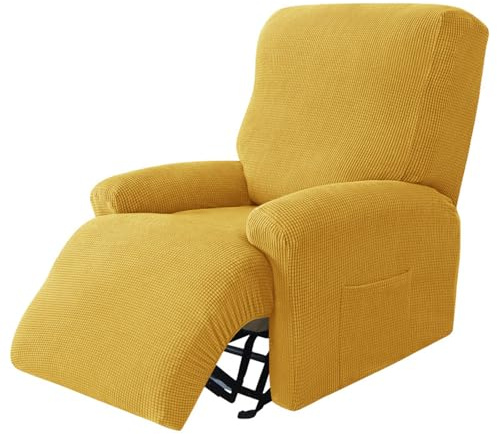 Hearda Funda para Sillón Relax Reclinable, Jacquard de Felpa Funda de Sillón Relax Funda Elástica para Sillón Reclinable 4 Piezas con Bolsillos Laterales Funda Sofá Reclinable (Amarillo)