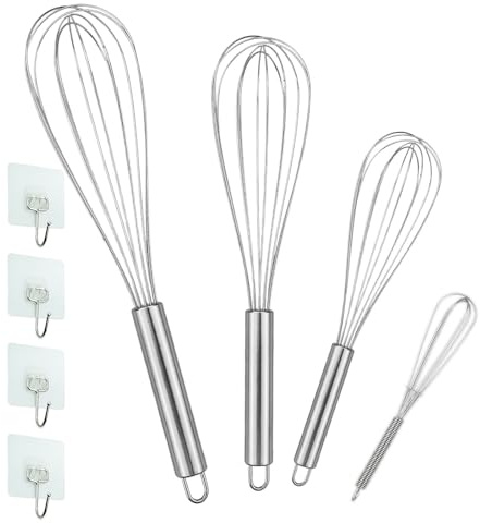 4 Pièces Fouet Cuisine INOX Professionnel, Batteur Manuel à Œufs Contient 21cm, 26cm, 29cm, Fouet pour Mélanger, Remuer la Pâte, Les Œufs,Fouetter, Mousser, Argent