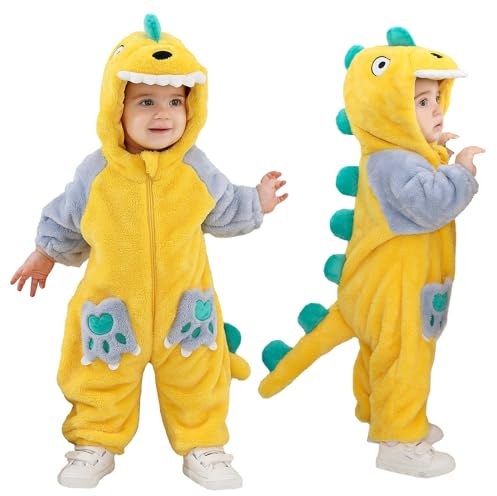 LOLANTA Unisex Baby Dinosaurie Drakkostym, Småbarn Plysch Endelad Djursparkdräkt med huva, Gul, 12-18 månader, Etikett 80