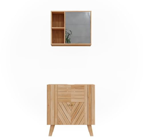 Vicco Conjunto de Muebles de baño Lucie, Bambú, 60 cm | compuesto por espejo de baño y mueble bajo lavabo