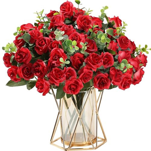 HNVNER 4 Bunches Red Rose Artificial Flowers, Silk Roses Bouquet Fake Flower for Graves Home Wedding Party Decoration