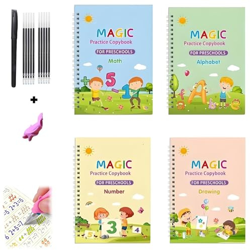 Cahier d'exercices Oxinome, nouveau cahier d'exercices à rainures magiques 2025, réutilisable, for l'écriture manuscrite, for l'apprentissage préscolaire, lot de 4