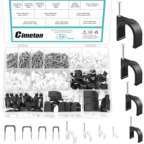 Cimeton 423 Stück isolierte U-Nägel und 8 Größen schwarze und weiße Kabelklemmen mit Stahlnagel-Sortimentssätzen inklusive 200 Stück Metallkabelklammern und 223 Stück M4-M25-Kabelklemmen