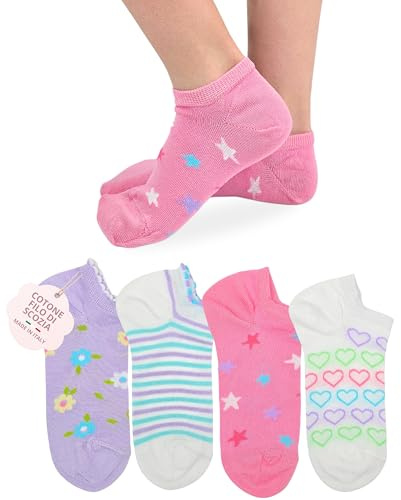 LEON D'ORO Calzini Bambina COTONE LEGGERO corto Calze Bimba FILO DI SCOZIA Sneaker Fantasmini Bambine Made in Italy (IT, Numero, 29, 34, ASS1-CORTO 4 Paia)