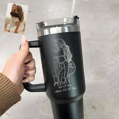 Drawelry Personalisierte Foto Thermobecher mit Henkel Deckel Strohhalm 1.2L Edelstahl Trinkflasche Kaffee Wasser Trink Reise Auto Becher Geburtstag Geschenke für Frauen Männer Paar Liebhaber (B2)