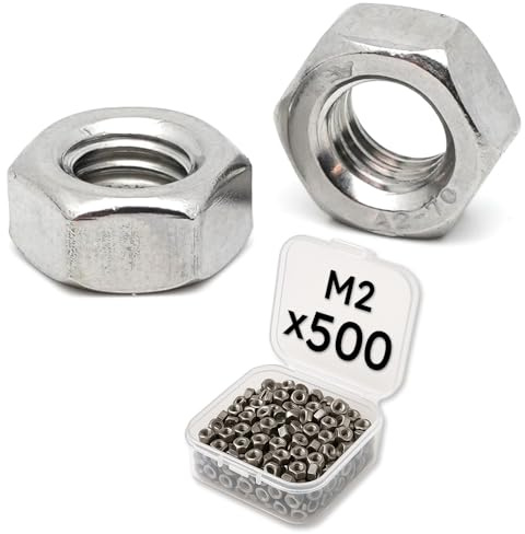 500 pièces Écrou M2 inox - Ecrous hexagonaux en Acier Inoxydable A2 pour vis métal diamètre 2mm, lot en boîte, Boulon filetage métrique DIN 934 / ISO 4032