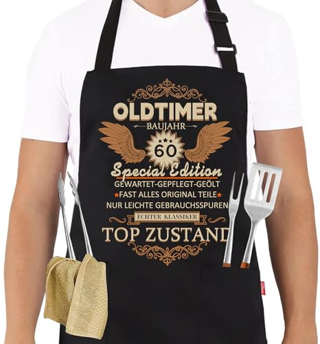 Grillschürze 60 Geburtstag Mann, Küchenschürze als Geschenk zum 60. Geburtstag, Schwarz Kochschürze Herren Verstellbare, Geschenkideen Geburtstagsgeschenk für Männer Lustig Grillen Barbecue BBQ