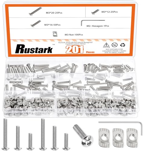 Rustark 201Pcs M3 T-Nuts Screws Assortment Kit T Slot Nut Kits Includes T Sliding Nut Button Head Socket Cap Head Bolts with Hex Wrench for 2020 Series Aluminum Extrusion