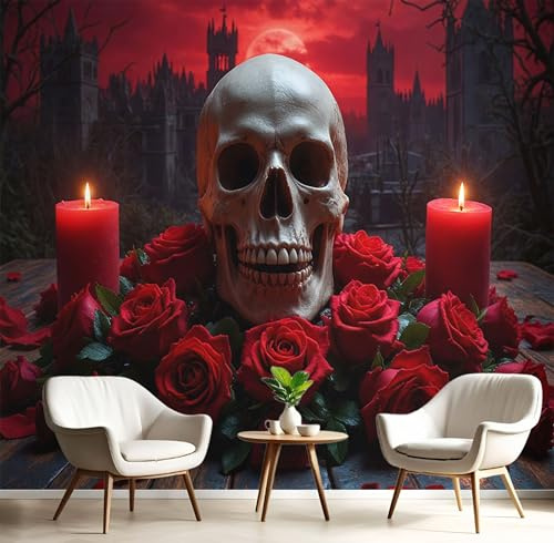 JEDTAKCT Escarlata Fotomurales 3D Cráneo Rosa Paisaje Gótico Papel Pintado Fotográfico Decoración De La Pared 300X210Cm Para Salón, Dormitorio, Habitación Infantil O Pared De Tv