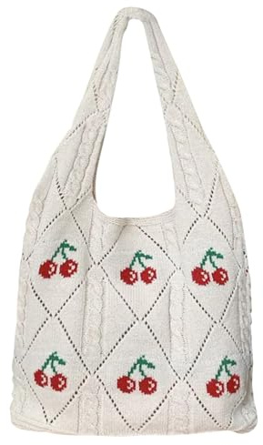 JSTHHTT Strandtasche Damen, Handtasche Damen Große, Vintage Umhängetasche, Netz Stricktasche, Geräumige Shopping Bag, für Reisen Einkaufen und Alltag (Kirsche)