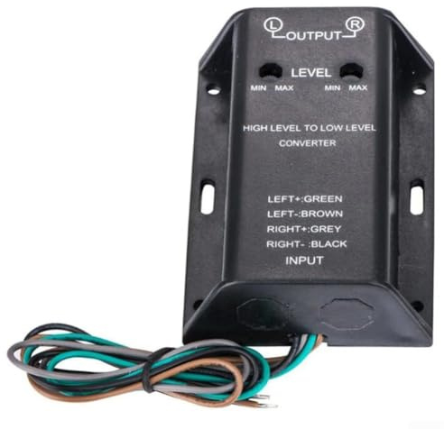 Drivstraw Adaptador convertidor de nivel de altavoz RCA para audio de coche que convierte salida de alta frecuencia a señal de bajo nivel con entrada ajustable para sistemas de graves