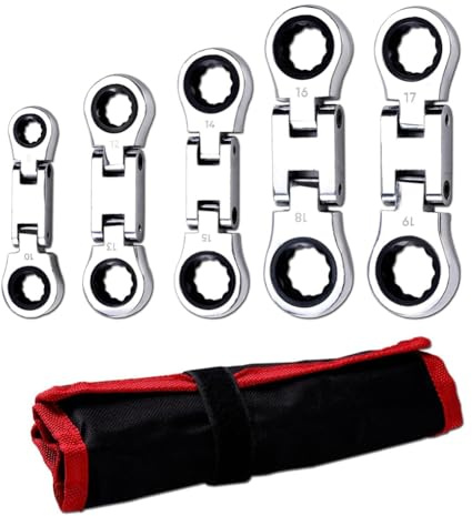 Asyduey Juego de Llaves de Trinquete de Cabeza Flexible Rechoncha de 5 Piezas, Combinación Métrica SAE de 72 Dientes, Niquelada con Bolsa Rodante