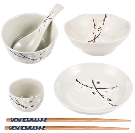 BESPORTBLE Japanese Tableware Set, 6pcs Household Ceramic and Wooden Dinnerware for 1 Person, Safe Practical Design with Plate, Bowl, Cup, Spoon and Chopsticks for Everyday Dining