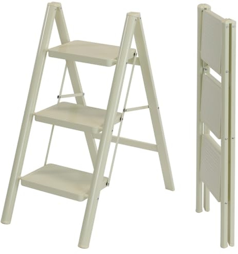 3 Stufen Leiter Tritthocker Trittleiter Haushaltsleiter Arbeitsbühne klappbar leicht 150kg Beige Anti-Rutsch-Pedal für Haushalt, Küche, Lager