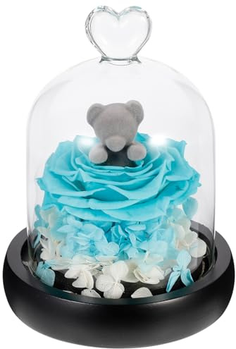 TOPPERFUN Ours Décoratif Rose Éternelle Bleue sous Cloche en Verre Fleur Préservée Élégante Présent Romantique Saint-Valentin Décoration Intérieure Compacte et Solide