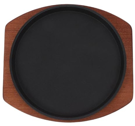 DIYEAH Poêle à Griller à Steak en Fonte 23 Cm avec Base en Bois, Plaque de Cuisson Ronde Antiadhésive pour Barbecue, Plateau de Service pour Maison et Repas en Famille