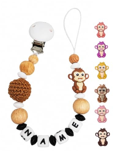 Individuell gestaltetes Babygeschenk personalisiertes Schnullerkette mit Namen für Mädchen oder Junge Baby Geschenk personalisiert zur Geburt & Taufe (Affe) (caramel)