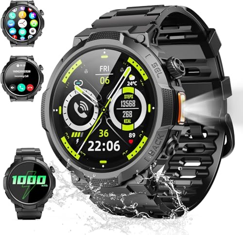 Soudorv Smart Watches for Men (Answer/Make Call), 1.53 HD Military Smartwatch, 1000 mAh Ultra-Long Battery Fitness Watch, Flashlight/110+Sports/Heart Rate/Sleep Monitor/IP68 Waterproof Android iOS
