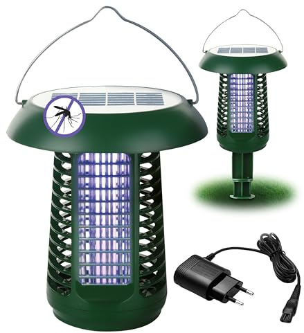 Lámpara Solar Antimosquitos 2 en 1: Luz UV Anti-Insectos + Luz Blanca Iluminación. Interior/Exterior. Energía Solar + Red (Incluye Adaptador) Portátil: Ideal jardín, terraza, Camping. Gran Autonomía