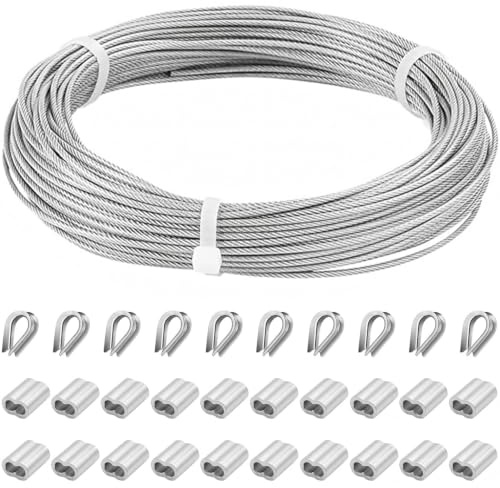 Stainless Steel Cable Coated Kit, 30 m 2 mm Wire Rope Trellis Tension Wire with 20 Aluminium Crimping Loop Sleeves and 10 Stainless Steel Locking Ring Garden Wire for Climbing Plants for Hanging