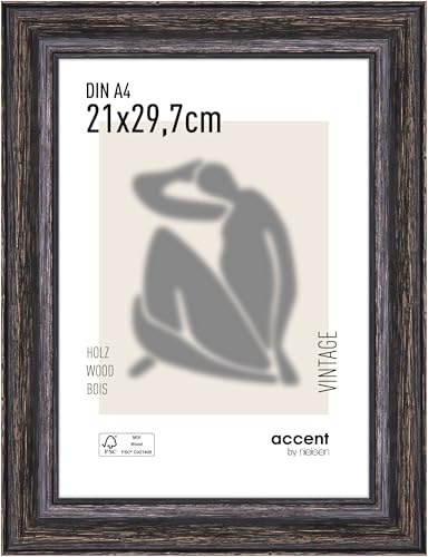 accent by nielsen Holz Bilderrahmen Vintage, 21 x 29,7 cm (A4), Schwarz | Holz Dokumentenrahmen im Hoch- & Querformat zum Aufhängen Schwarz gebürstet Echtglas