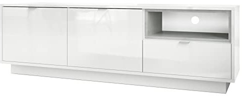 Vladon TV Board Lowboard Metro, Made in Germany, Korpus in Weiß Hochglanz/Fronten in Weiß Hochglanz mit Einsatz in Beton Oxid Optik