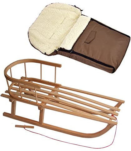 Bambini World Combo träsläde med ryggstöd och dragsnöre + universell fotmuff – (90 cm), även lämplig för bilbarnstol, barnvagn, buggy ull (brun)
