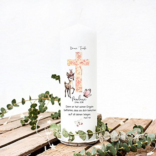 Taufkerze Kerze zur Taufe oder Geburt Kommunionkerze Kreuz rosa mit Reh Schmetterling Spruch Wunschname & Datum wk40 ilka parey wandtattoo-welt®
