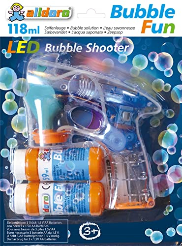 alldoro 60625 - LED Seifenblasenpistole, Bubble Shooter Seifenblasenmaschine mit 2x 59 ml Seifenblasenflüssigkeit, elektrische Seifenblasen Pistole mit LEDs ca. 17 x 15 x 6 cm, für Kinder ab 3 Jahren