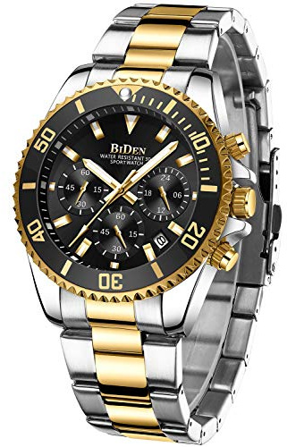 Mens Watches, Designer Chronograph Military Waterproof Analogue Quartz, Stainless Steel Wrist Watch Fashion Large Date Watches, Black Gold