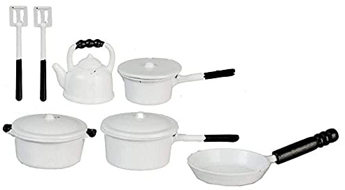 Melody Jane Puppenhaus Weiß Metall Kasserolle Pfanne Set & Wasserkocher Miniatur Küchenzubehör