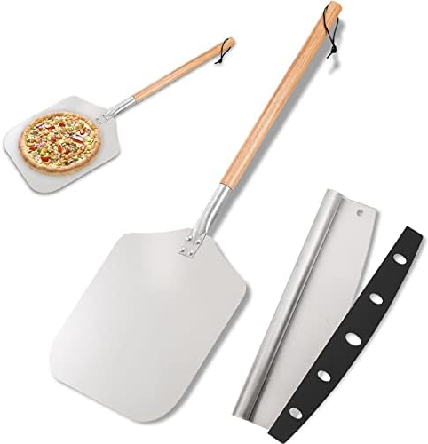 Peohud Aluminum Pizza Peel Paddle and Cutter,12 x 26 Pizza Spatula with Detachable Wooden Handle, Pizza Oven Accessories, Pizza Paddle and Pizza Cutter Rocker for Baking Pizza Bread