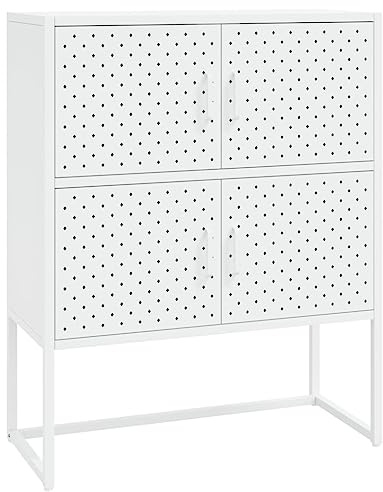 vidaXL Highboard - White, Industrial Style Storage Cabinet with 4 Doors, Steel Construction, Adjustable Height
